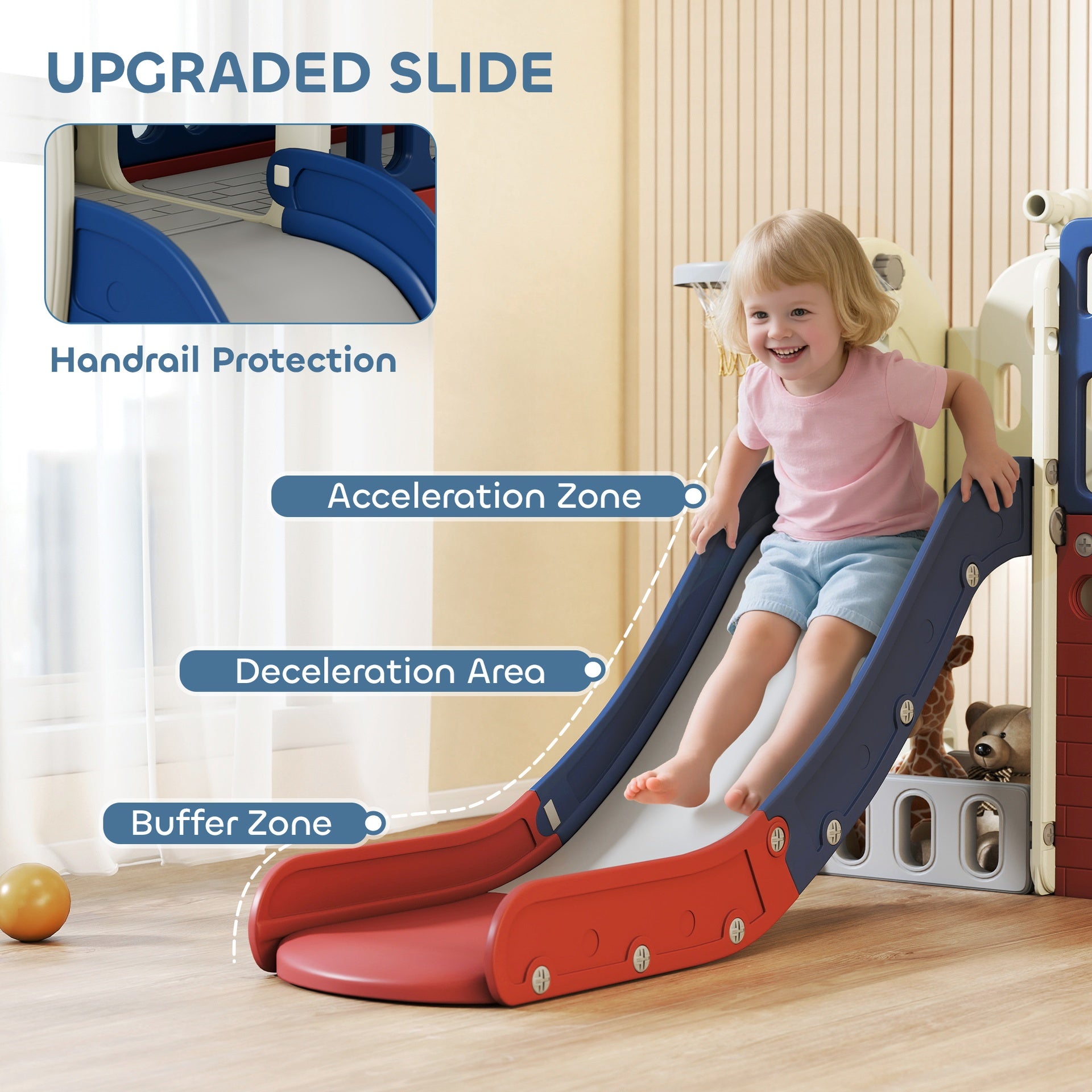 Qaba 8-in-1 Toddler Slide Set with Basketball Hoop, Indoor Outdoor Playground Playset for Kids, Blue