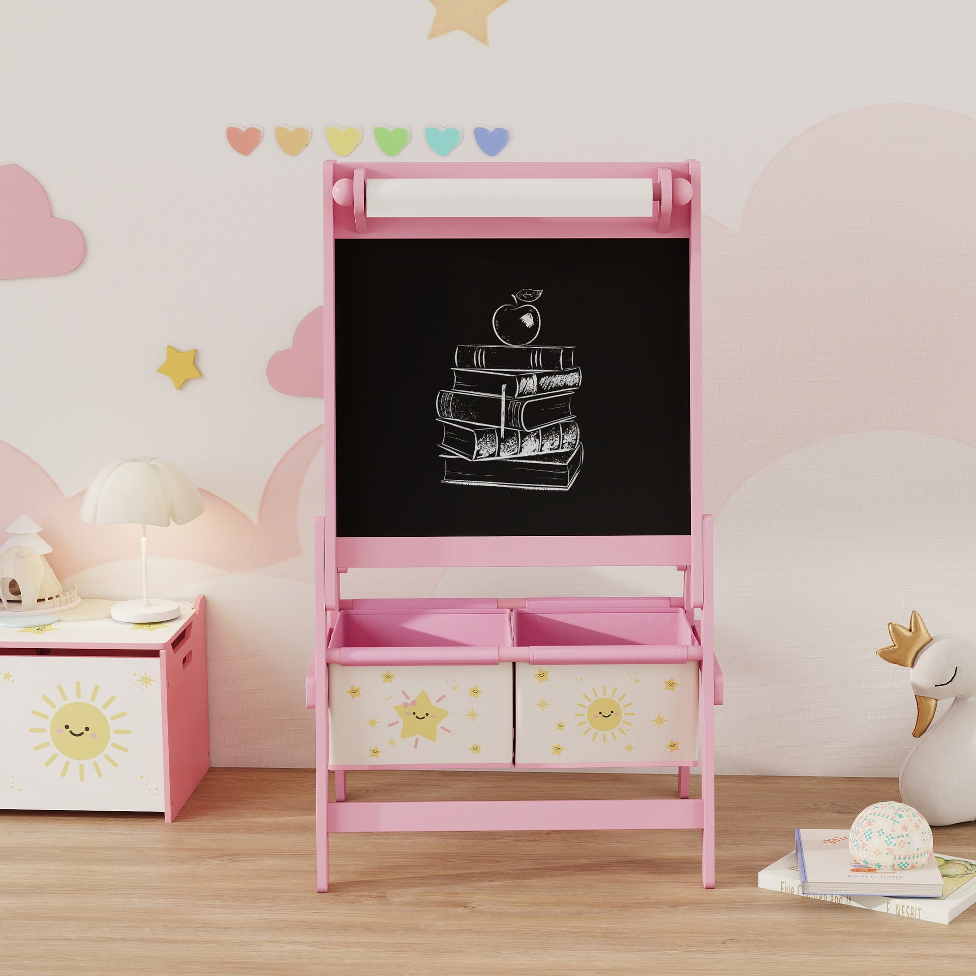 Qaba Art Easel for Kids, Double-Sided Whiteboard & Chalkboard with Paper Roll, Storage Baskets for Toddlers Ages 3-8, Pink