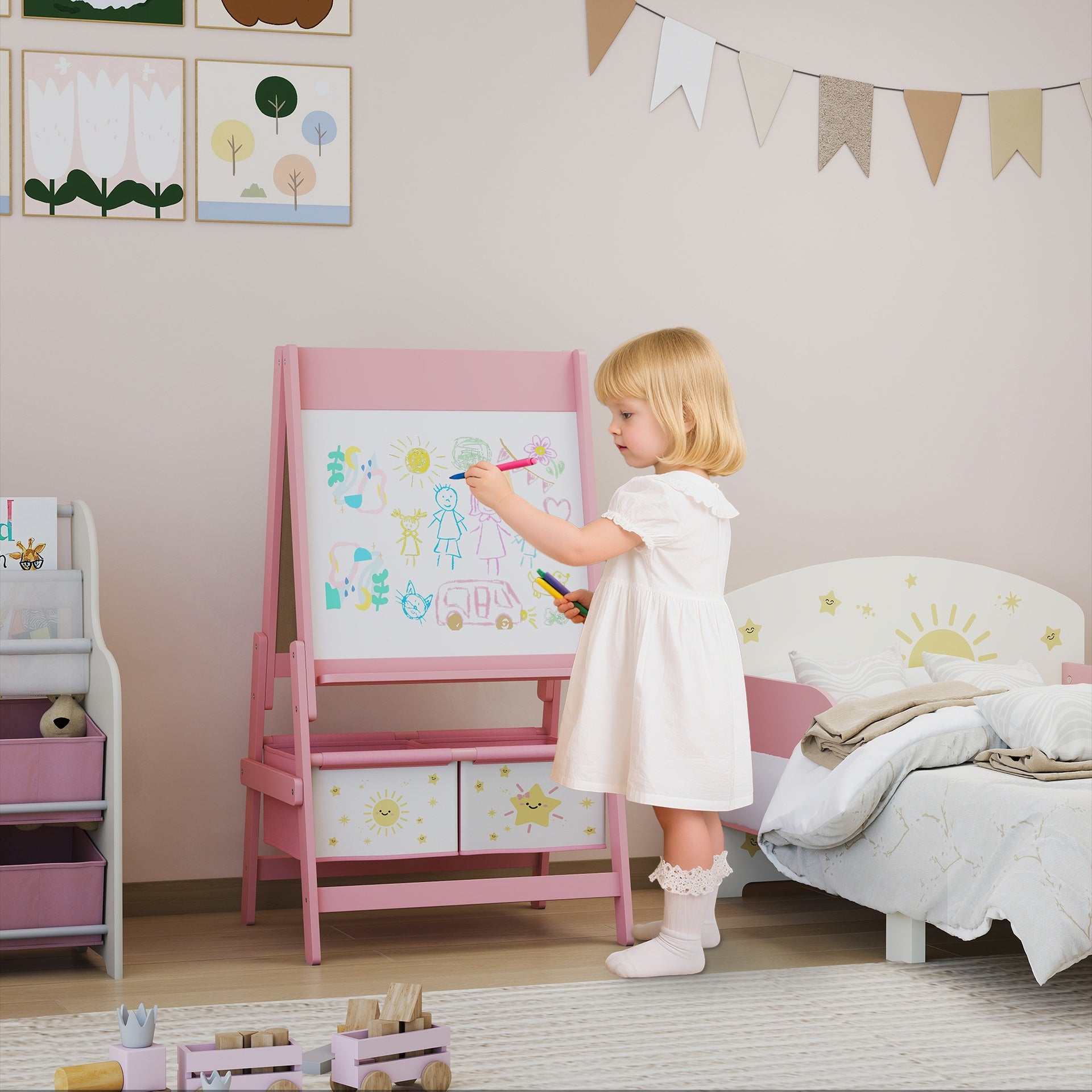 Qaba Art Easel for Kids, Double-Sided Whiteboard & Chalkboard with Paper Roll, Storage Baskets for Toddlers Ages 3-8, Pink