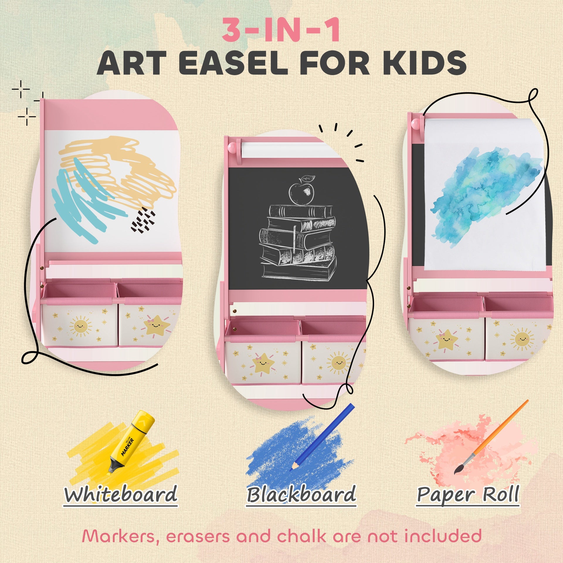 Qaba Art Easel for Kids, Double-Sided Whiteboard & Chalkboard with Paper Roll, Storage Baskets for Toddlers Ages 3-8, Pink
