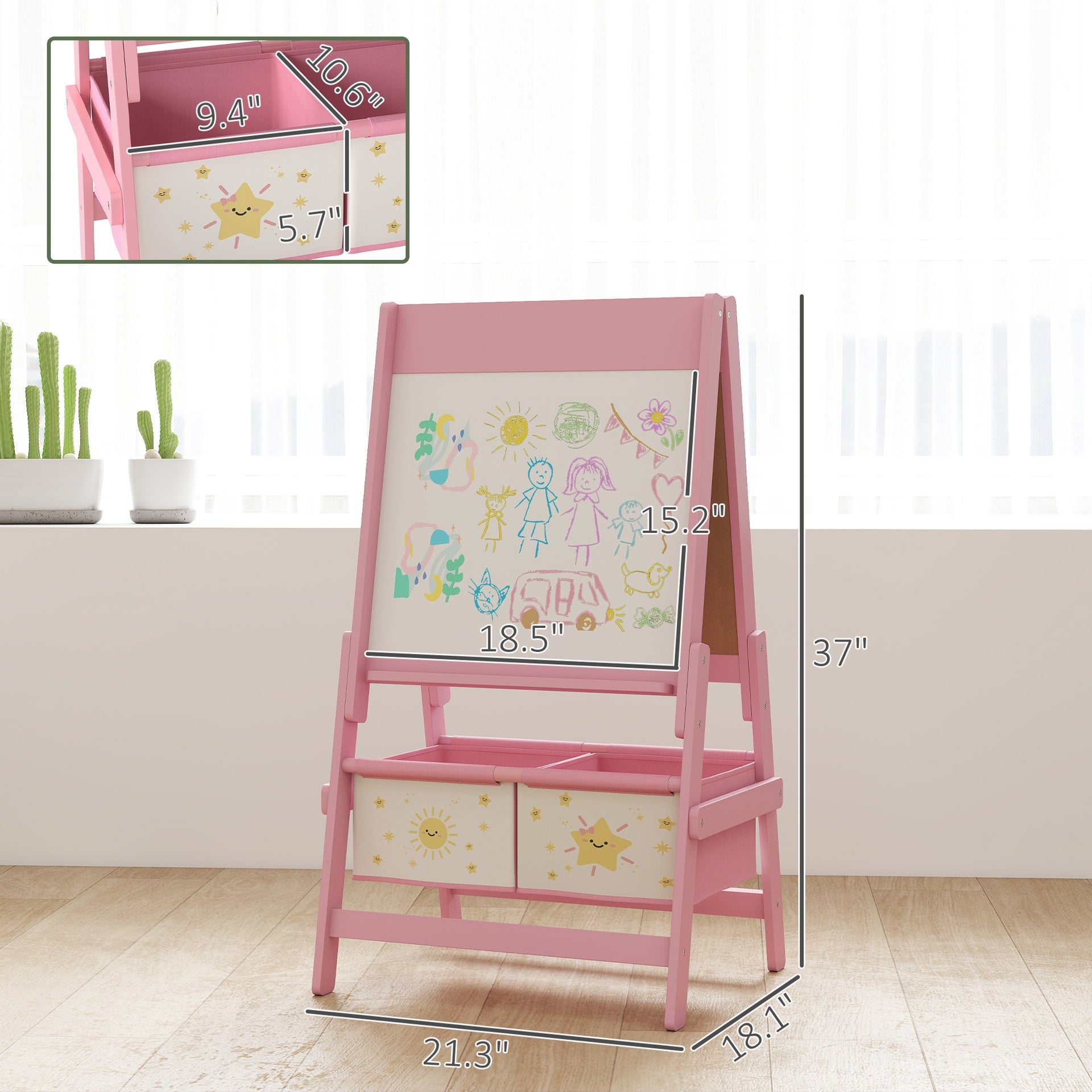Qaba Art Easel for Kids, Double-Sided Whiteboard & Chalkboard with Paper Roll, Storage Baskets for Toddlers Ages 3-8, Pink