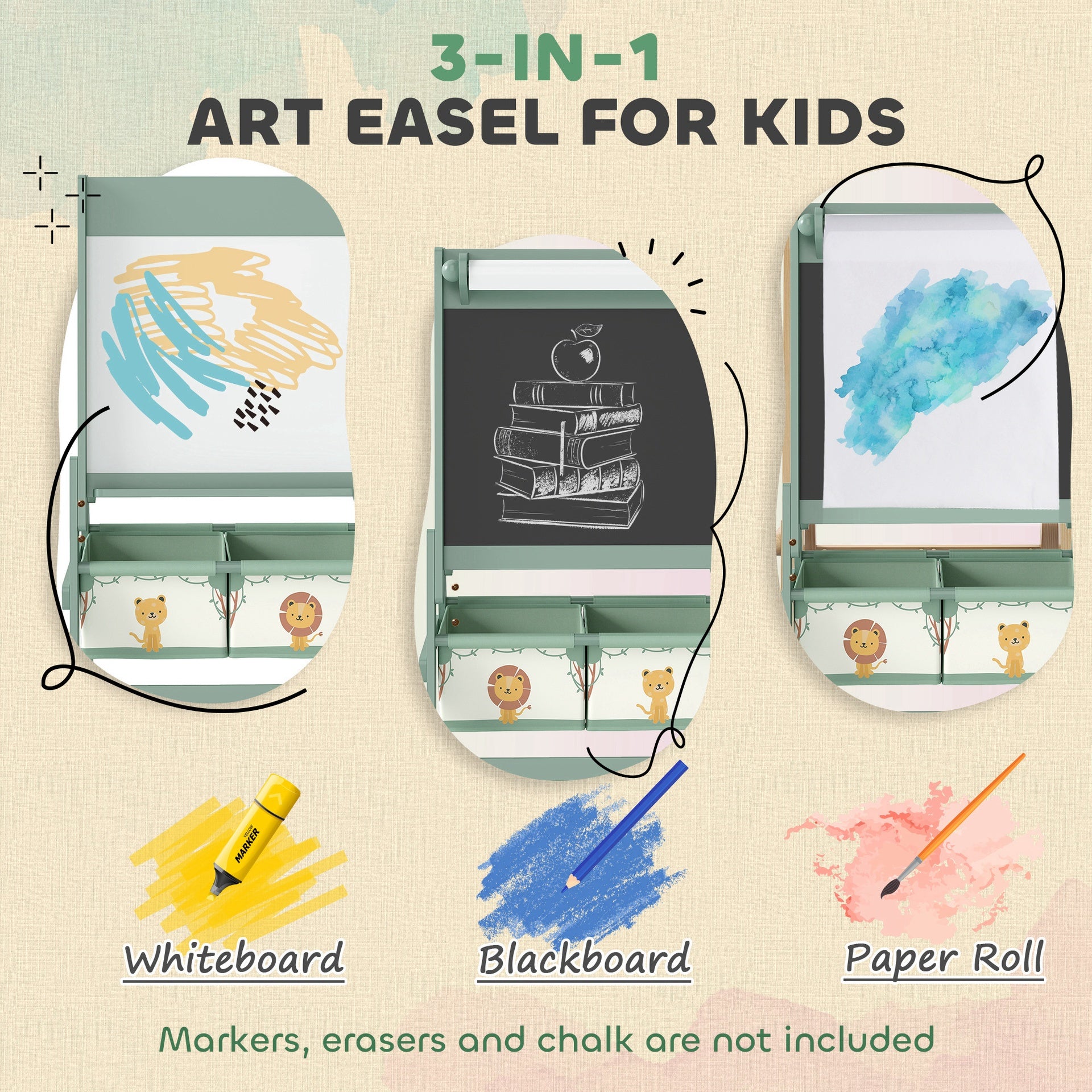 Qaba Art Easel for Kids, Double-Sided Whiteboard & Chalkboard with Paper Roll, Storage Baskets for Toddlers Ages 3-8, Green