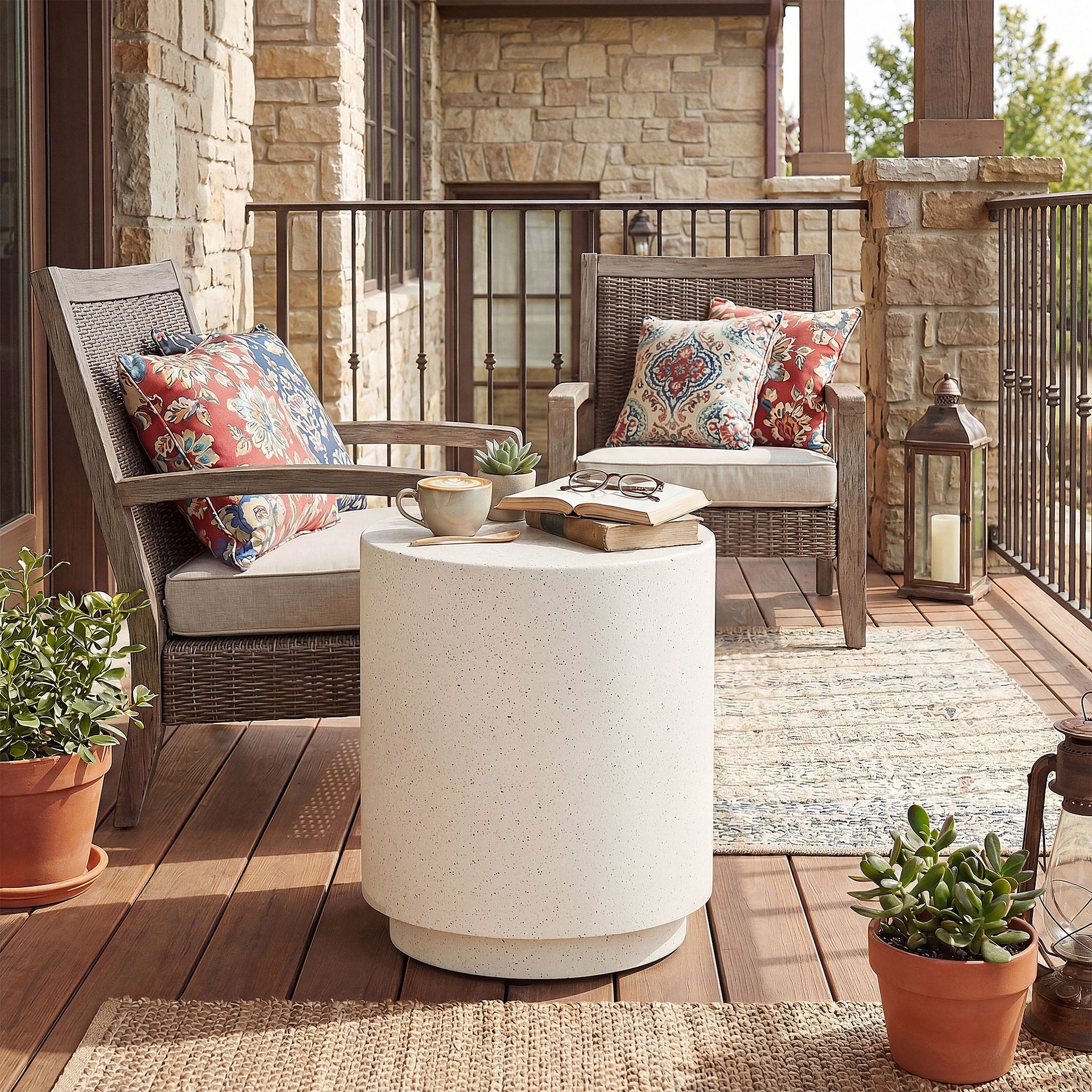 HOMCOM Lightweight Accent Table with Concrete Finish Round Side Table, Cream White