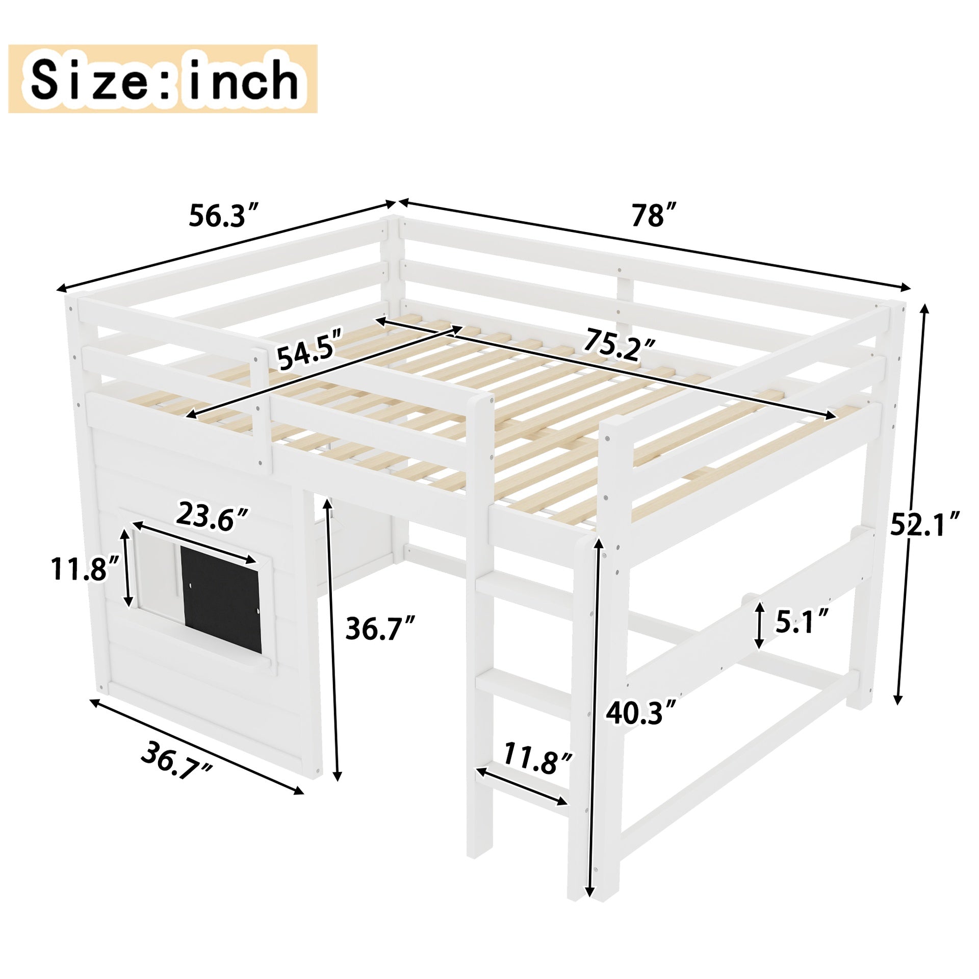 Full Size loft bed with a playful sliding chalkboard, built-in bookshelf, and high-quality safety rails, White