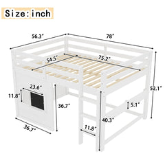 Full Size loft bed with a playful sliding chalkboard, built-in bookshelf, and high-quality safety rails, White