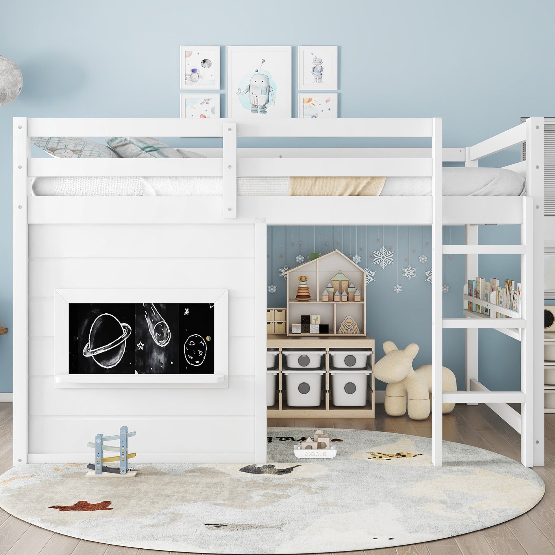 Full Size loft bed with a playful sliding chalkboard, built-in bookshelf, and high-quality safety rails, White