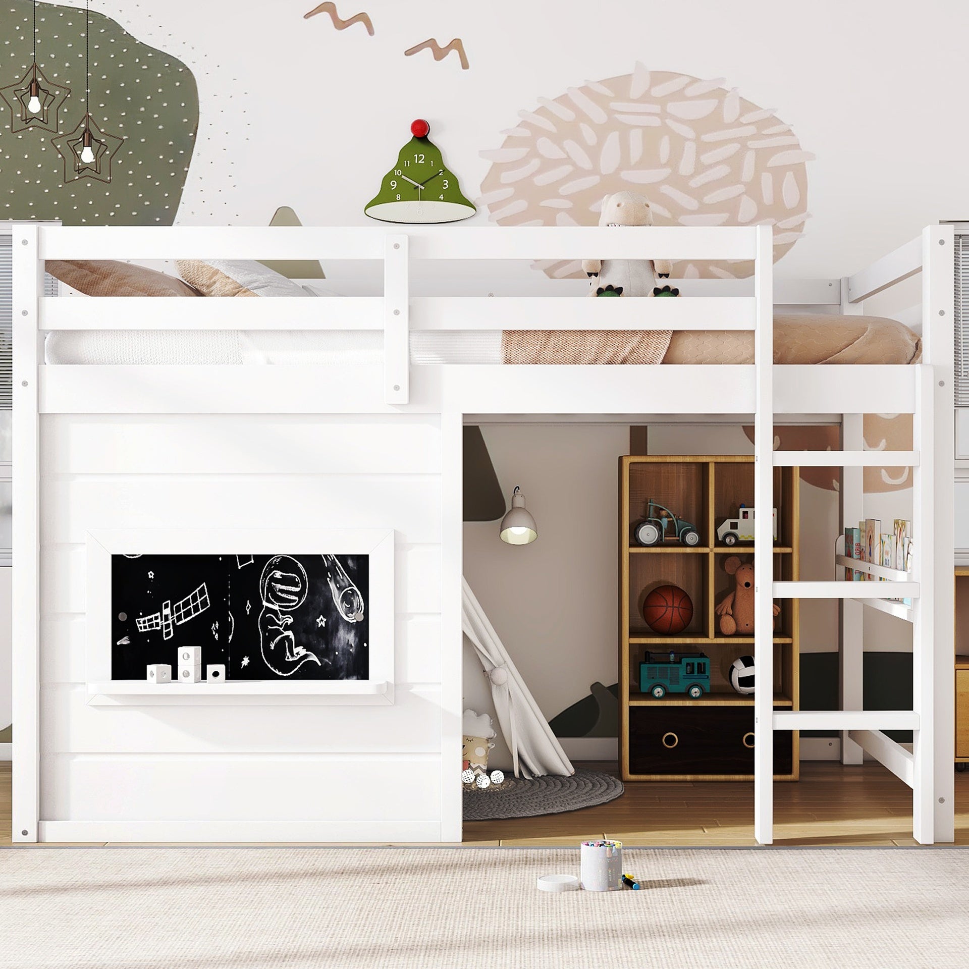 Twin Size loft bed with a playful sliding chalkboard, built-in bookshelf, and high-quality safety rails, White