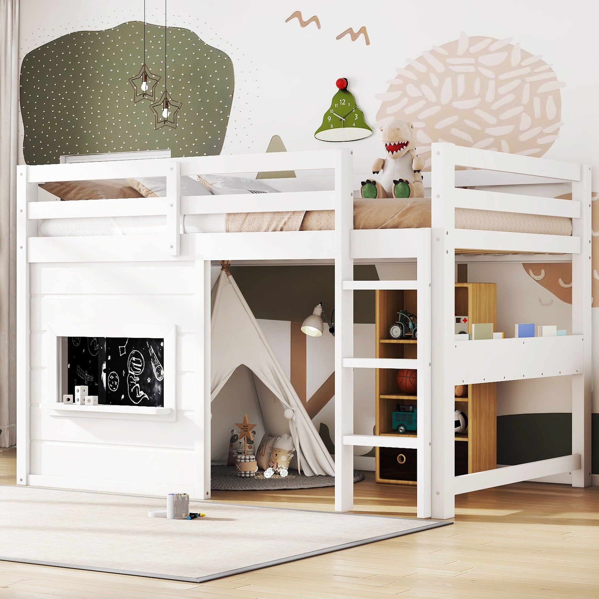 Twin Size loft bed with a playful sliding chalkboard, built-in bookshelf, and high-quality safety rails, White