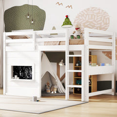 Twin Size loft bed with a playful sliding chalkboard, built-in bookshelf, and high-quality safety rails, White