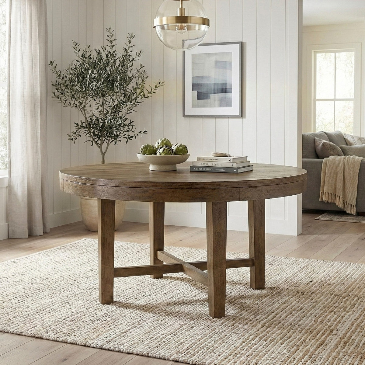 Transitional Brown Finish Round Dining Table 1pc Sturdy Frame Modern Farmhouse Dining Room Furniture