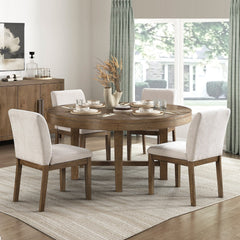 Brown Finish 5pc Dining Set Round Table and Upholstered Chairs Sturdy Frame Wooden Furniture