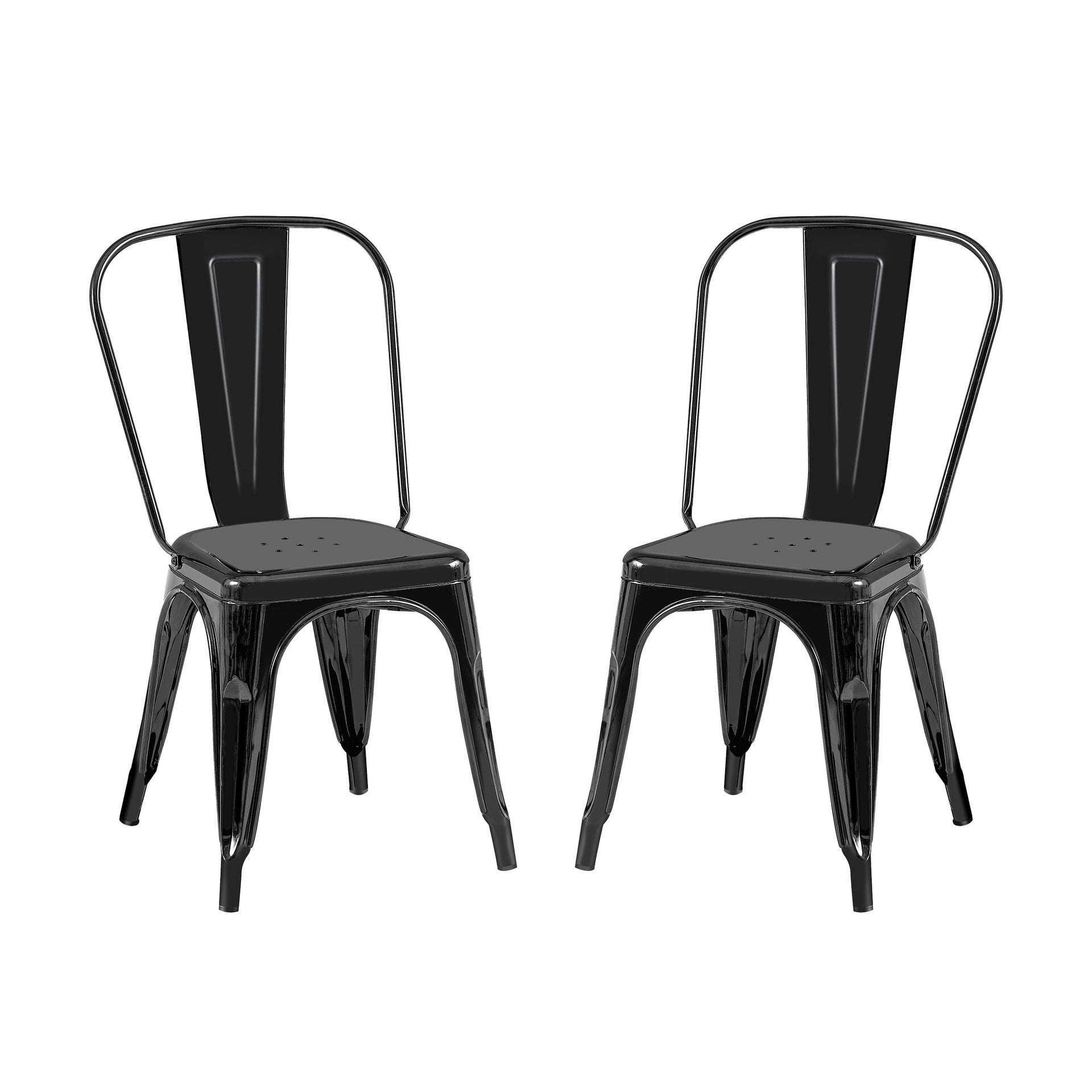 Set of 2 High Gloss Black Industrial Metal Dining Chairs 18 Inch Seat Height Stackable Indoor Outdoor, Lightweight Easy-Clean Surface, Easy Assembly, Durable Modern Design, For Kitchen Cafe Bar