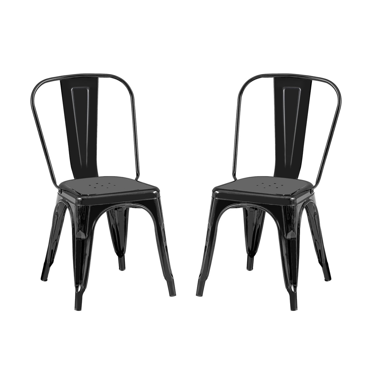 Set of 2 High Gloss Black Industrial Metal Dining Chairs 18 Inch Seat Height Stackable Indoor Outdoor, Lightweight Easy-Clean Surface, Easy Assembly, Durable Modern Design, For Kitchen Cafe Bar