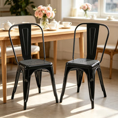Set of 2 High Gloss Black Industrial Metal Dining Chairs 18 Inch Seat Height Stackable Indoor Outdoor, Lightweight Easy-Clean Surface, Easy Assembly, Durable Modern Design, For Kitchen Cafe Bar