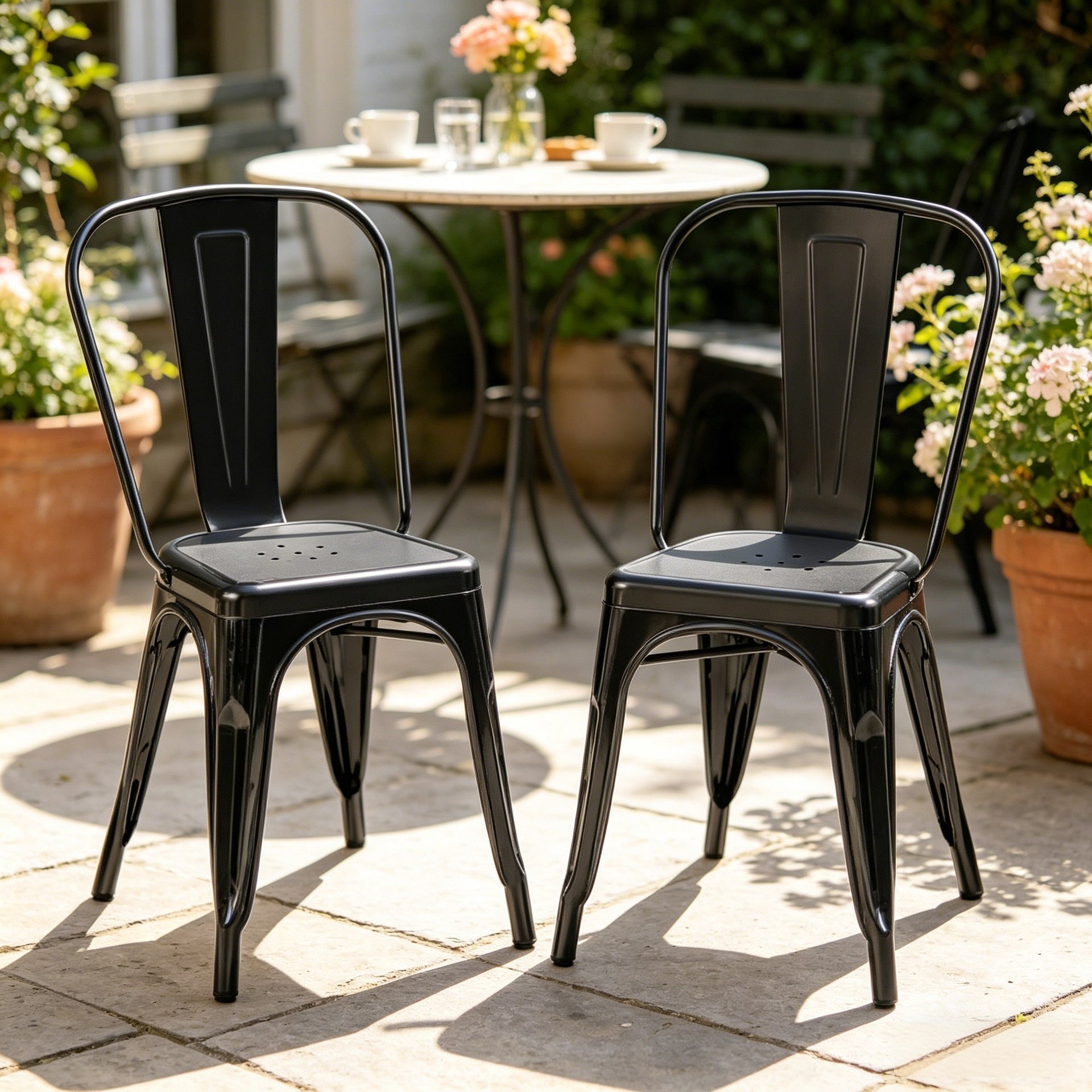 Set of 2 High Gloss Black Industrial Metal Dining Chairs 18 Inch Seat Height Stackable Indoor Outdoor, Lightweight Easy-Clean Surface, Easy Assembly, Durable Modern Design, For Kitchen Cafe Bar