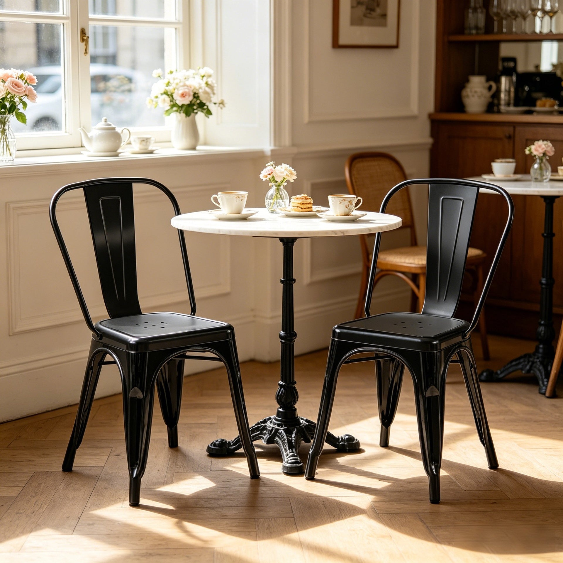 Set of 2 High Gloss Black Industrial Metal Dining Chairs 18 Inch Seat Height Stackable Indoor Outdoor, Lightweight Easy-Clean Surface, Easy Assembly, Durable Modern Design, For Kitchen Cafe Bar