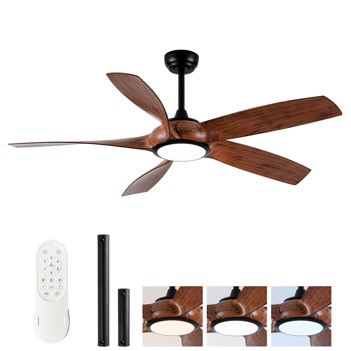 56 Inch 5 PCS ABS Blades  Ceiling Fan With Light Kit 3 Color LED Light Source, DC 6 Speed ,Remote Control Ceiling Fan  for Patio Living Room, Bedroom, Office,Indoor.(( Matte Black  + Wood color)