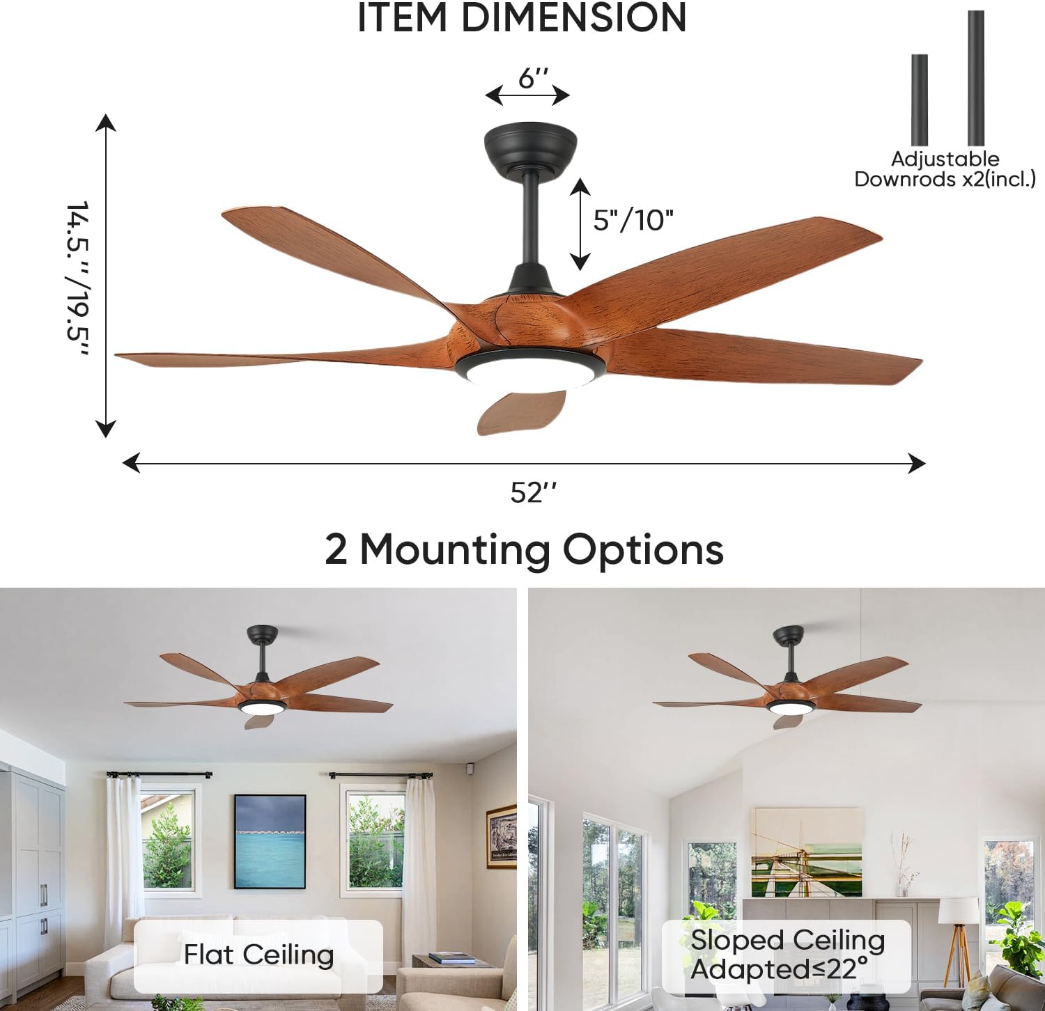 56 Inch 5 PCS ABS Blades  Ceiling Fan With Light Kit 3 Color LED Light Source, DC 6 Speed ,Remote Control Ceiling Fan  for Patio Living Room, Bedroom, Office,Indoor.(( Matte Black  + Wood color)