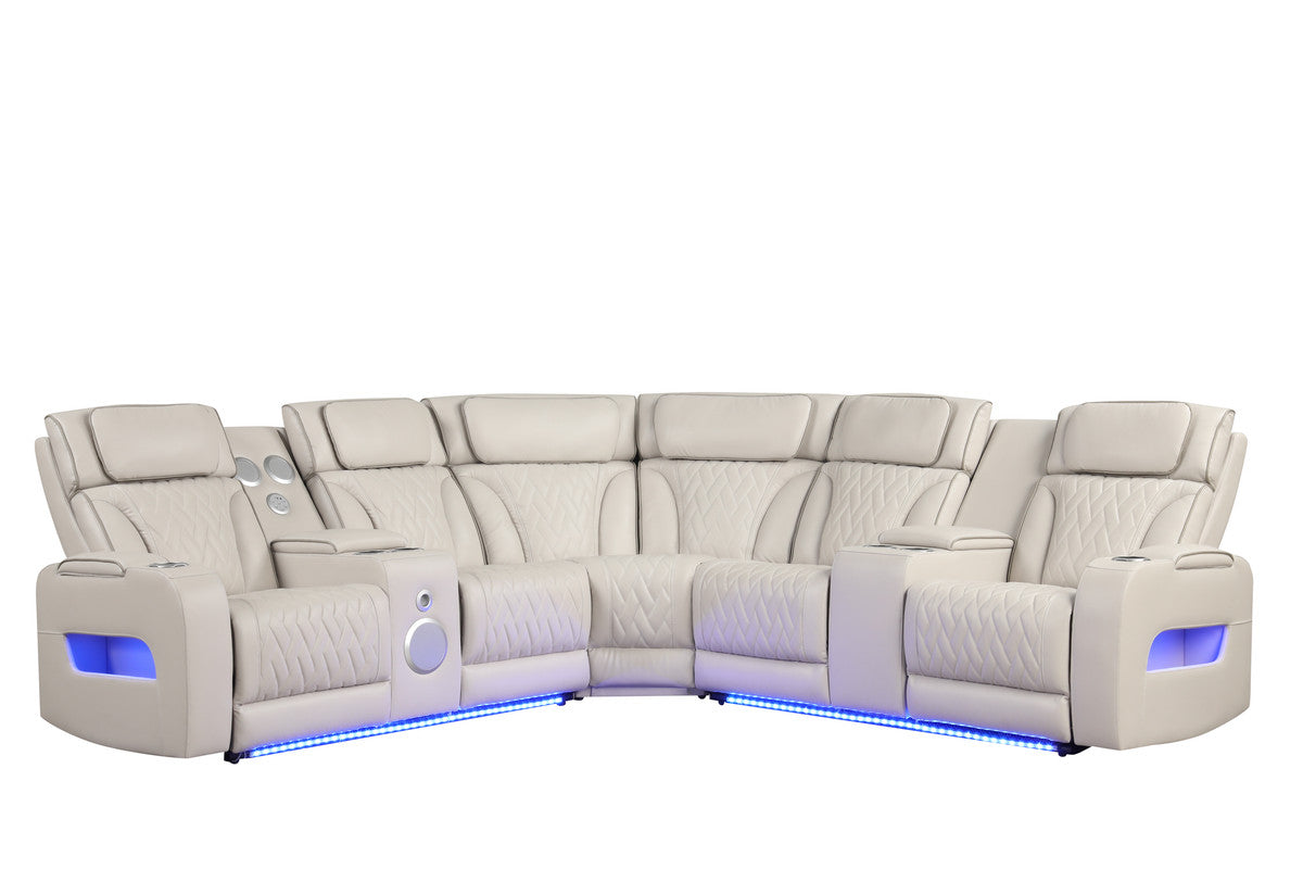 Jazmina 117"W Ice White Leather Aire Transformer Power Reclining Sectional Sofa with Power Headrest, Bluetooth Speakers, LED Lights, USB & USB-C Ports, Storage & Cupholders