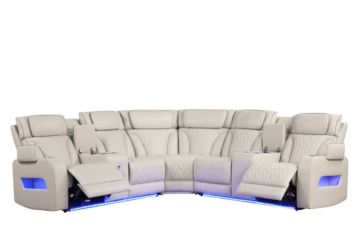 Jazmina 117"W Ice White Leather Aire Transformer Power Reclining Sectional Sofa with Power Headrest, Bluetooth Speakers, LED Lights, USB & USB-C Ports, Storage & Cupholders