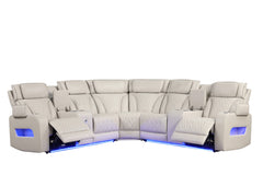 Jazmina 117"W Ice White Leather Aire Transformer Power Reclining Sectional Sofa with Power Headrest, Bluetooth Speakers, LED Lights, USB & USB-C Ports, Storage & Cupholders