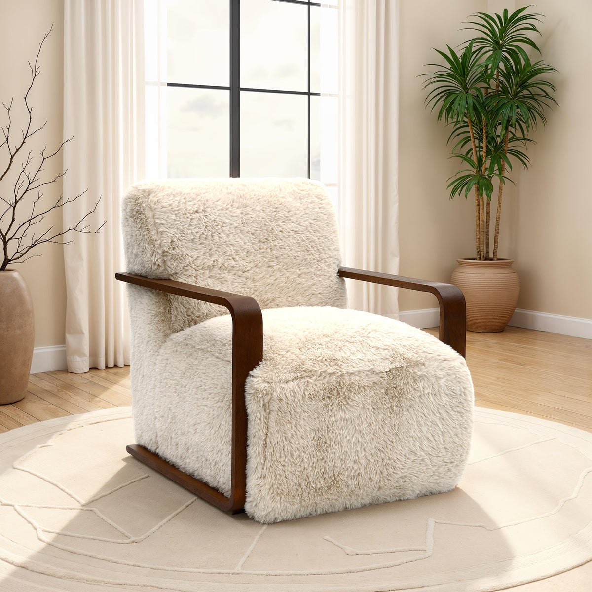 Contemporary Style 1pc Accent Chair Short Soft Faux Fur Retro Inspired Curve Wooden Arms Tight Seat And Back Beige Finish Primary living Room