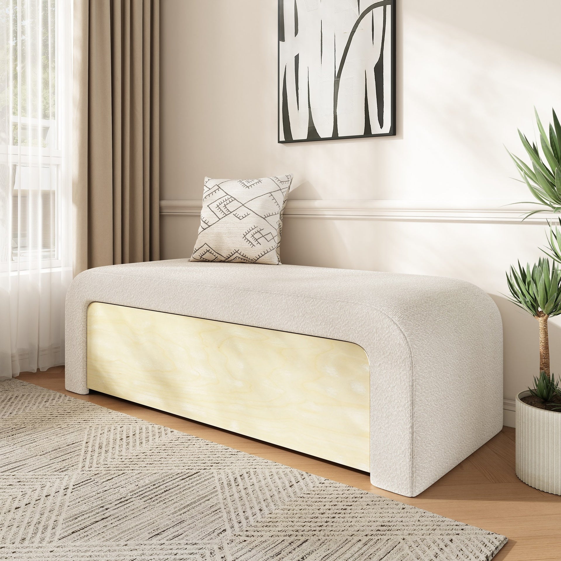 Upholstered Ottoman With Drawer, White