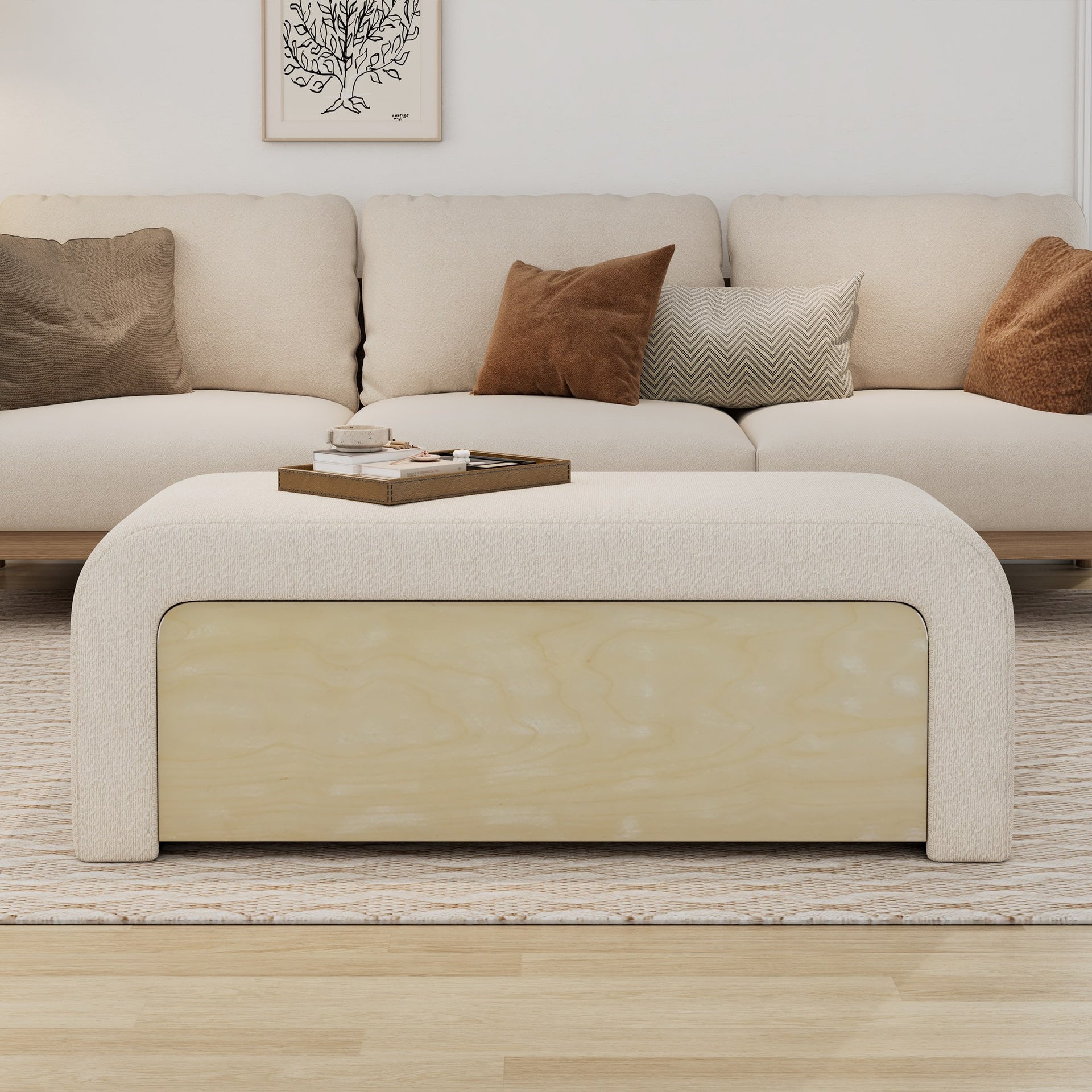 Upholstered Ottoman With Drawer, White