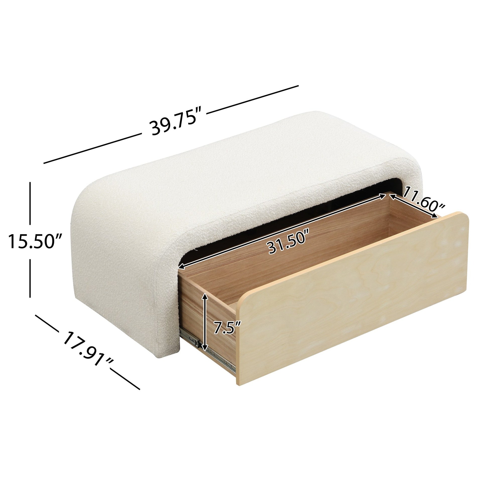 Upholstered Ottoman With Drawer, White
