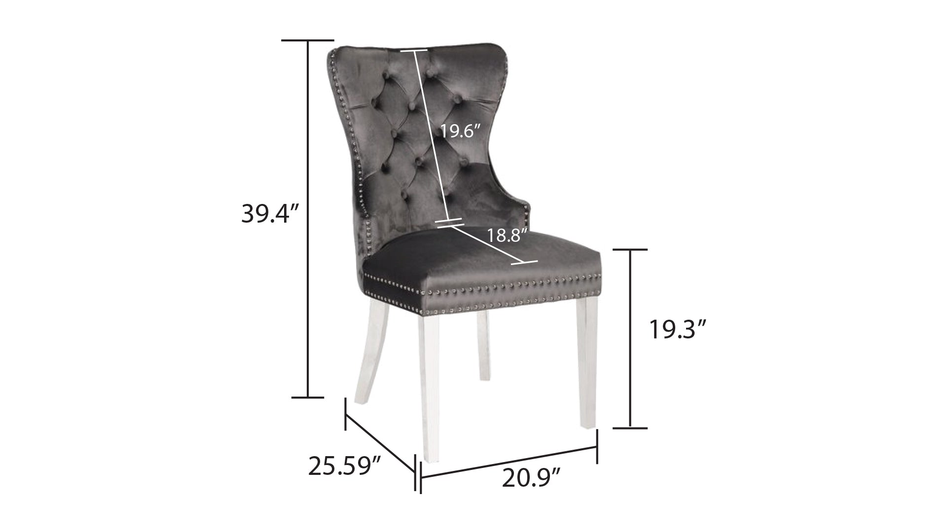Erica 2PC stainless steel Legs chairs made with Tufted Upholstered Velvet Fabric Dark Gray