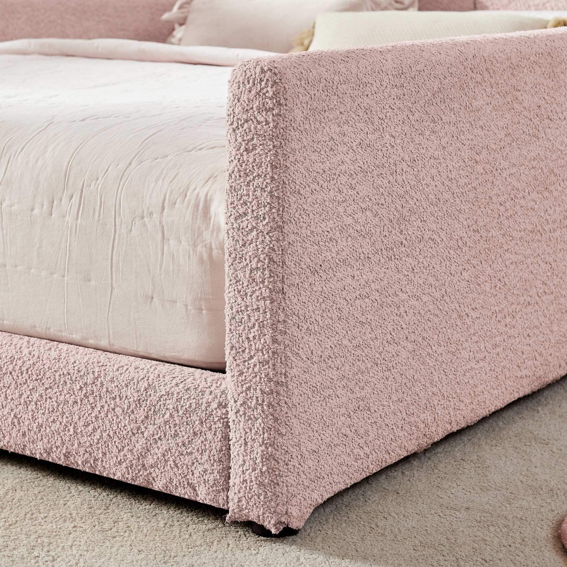 Full Size Upholstered Platform Bed with Cute Rabbit Ear Shaped Headboard, with Safety Rail and Pocket, Boucle Fabric, Pink