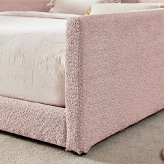 Full Size Upholstered Platform Bed with Cute Rabbit Ear Shaped Headboard, with Safety Rail and Pocket, Boucle Fabric, Pink