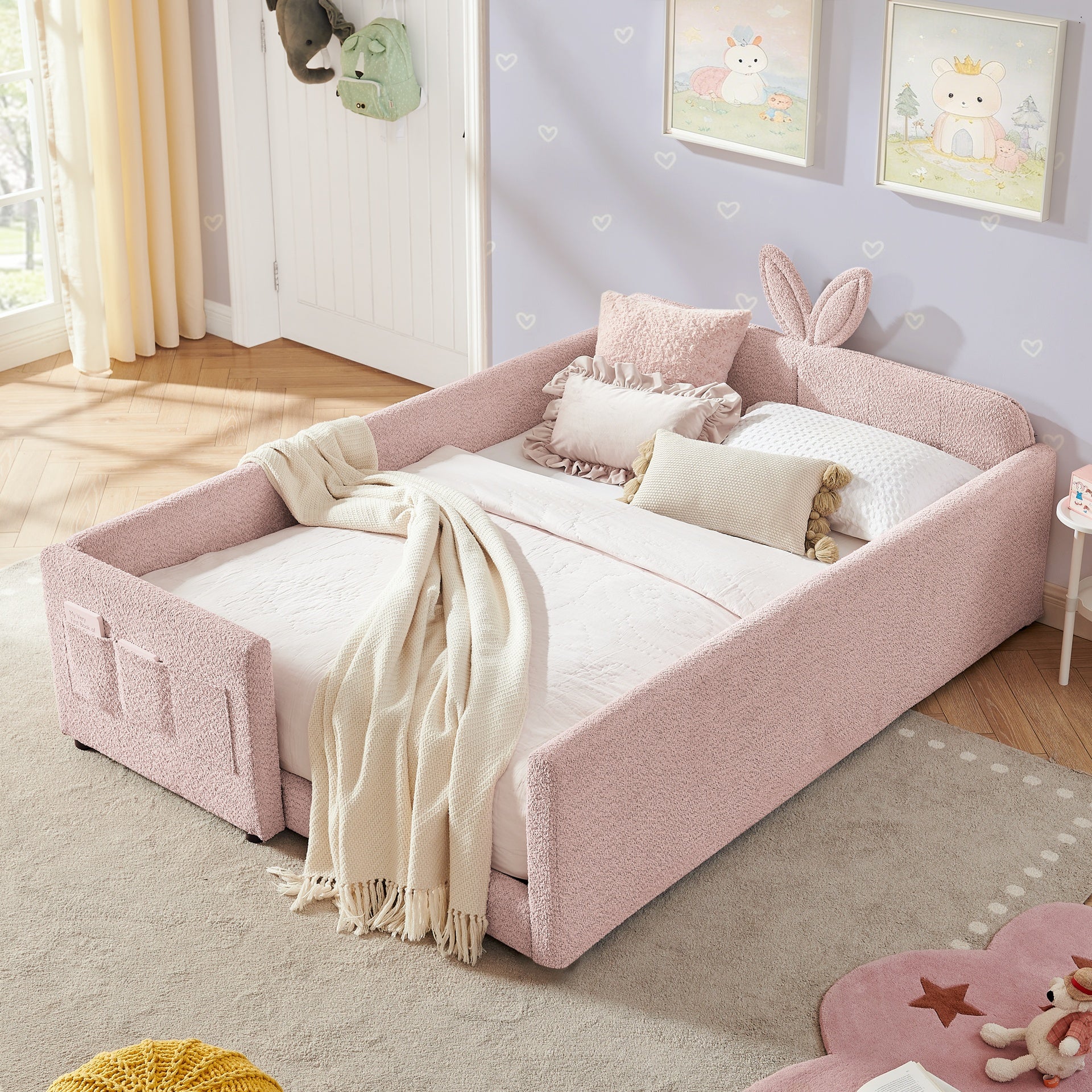 Full Size Upholstered Platform Bed with Cute Rabbit Ear Shaped Headboard, with Safety Rail and Pocket, Boucle Fabric, Pink