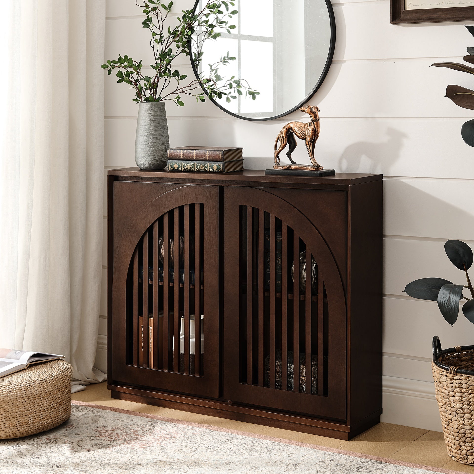 Mid Century Modern Fluted Sideboard Cabinet with 2 Outlet Holes, Buffet Cabinet with Storage, Narrow Side Cabinet for Living Room Entryway Hallway Kitchen Coffee Bar, Dark Walnut