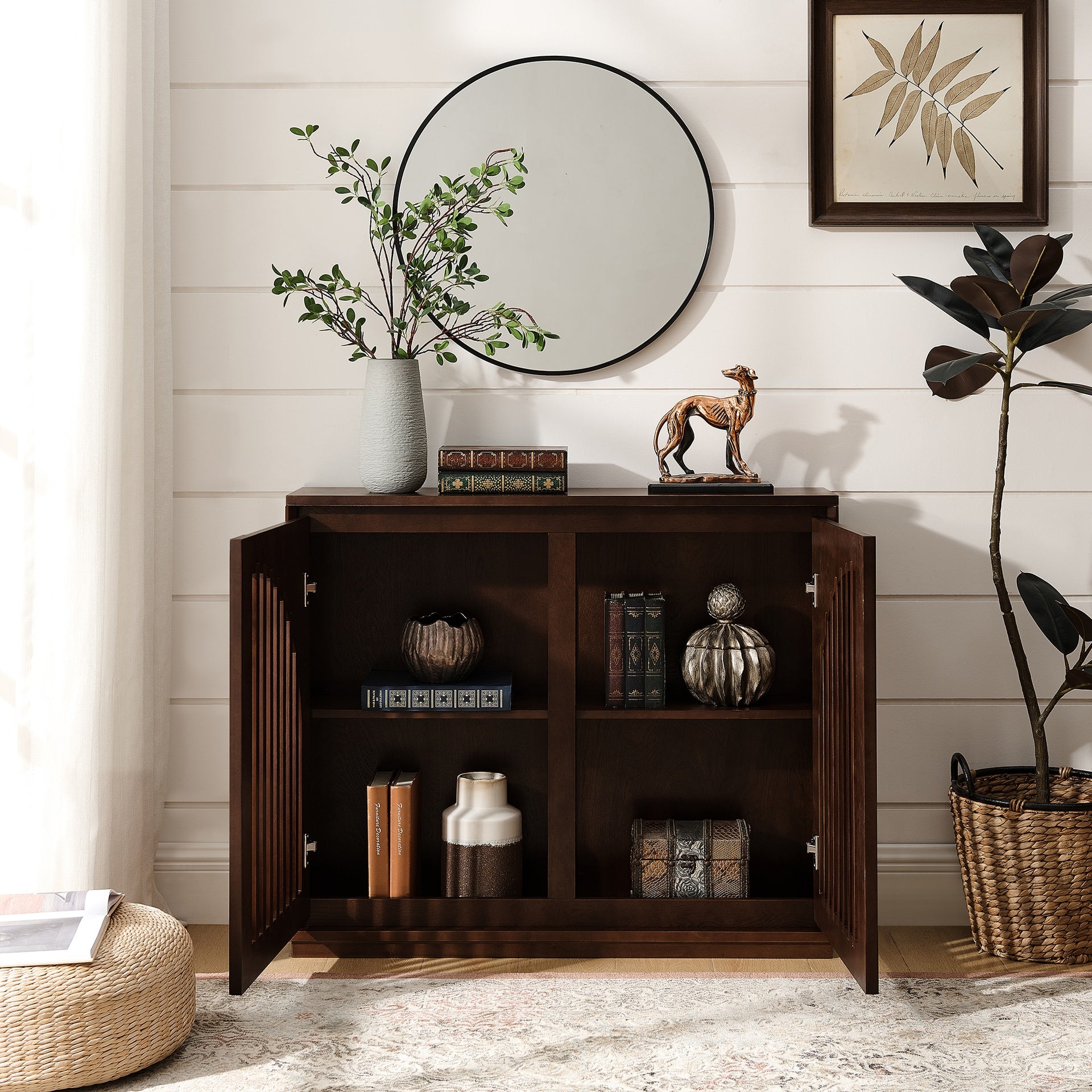 Mid Century Modern Fluted Sideboard Cabinet with 2 Outlet Holes, Buffet Cabinet with Storage, Narrow Side Cabinet for Living Room Entryway Hallway Kitchen Coffee Bar, Dark Walnut