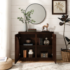 Mid Century Modern Fluted Sideboard Cabinet with 2 Outlet Holes, Buffet Cabinet with Storage, Narrow Side Cabinet for Living Room Entryway Hallway Kitchen Coffee Bar, Dark Walnut