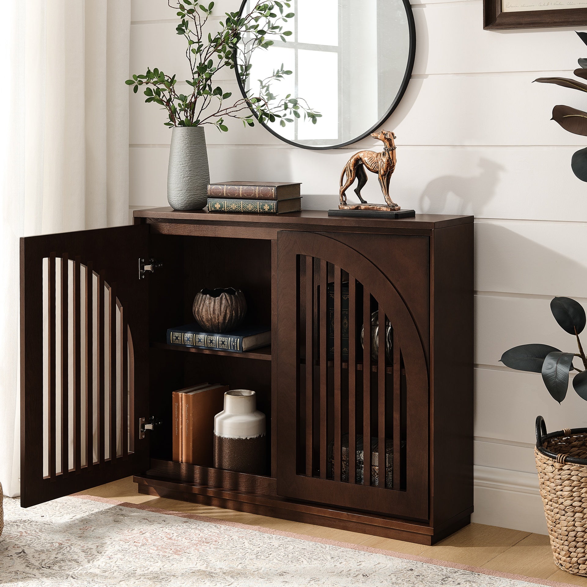 Mid Century Modern Fluted Sideboard Cabinet with 2 Outlet Holes, Buffet Cabinet with Storage, Narrow Side Cabinet for Living Room Entryway Hallway Kitchen Coffee Bar, Dark Walnut