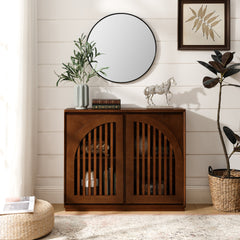 Mid Century Modern Fluted Sideboard Cabinet with 2 Outlet Holes, Buffet Cabinet with Storage, Narrow Side Cabinet for Living Room Entryway Hallway Kitchen Coffee Bar, Walnut