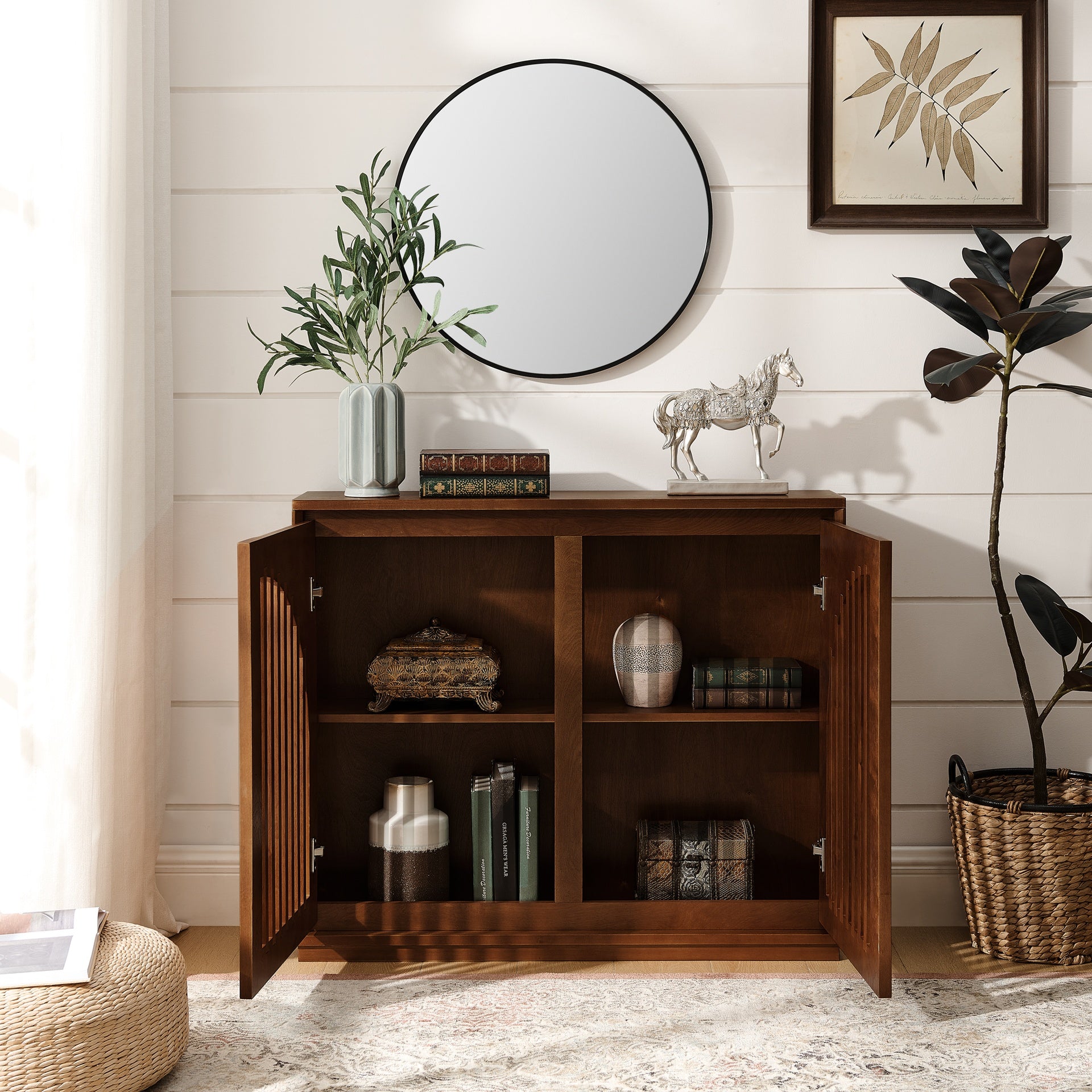 Mid Century Modern Fluted Sideboard Cabinet with 2 Outlet Holes, Buffet Cabinet with Storage, Narrow Side Cabinet for Living Room Entryway Hallway Kitchen Coffee Bar, Walnut