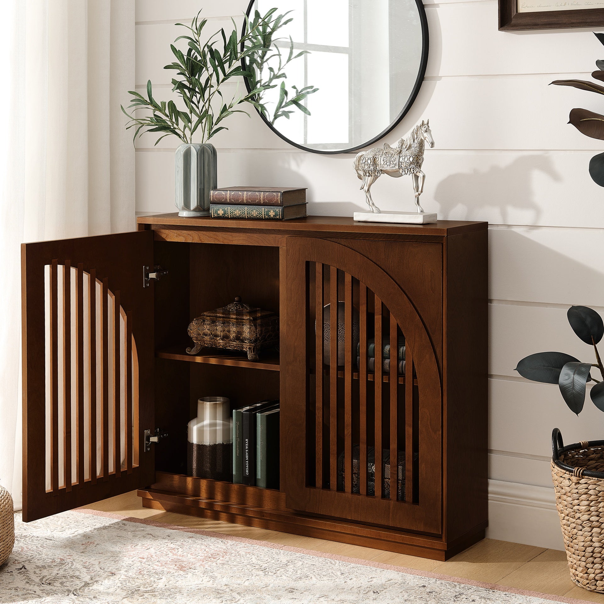 Mid Century Modern Fluted Sideboard Cabinet with 2 Outlet Holes, Buffet Cabinet with Storage, Narrow Side Cabinet for Living Room Entryway Hallway Kitchen Coffee Bar, Walnut