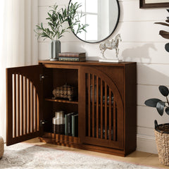 Mid Century Modern Fluted Sideboard Cabinet with 2 Outlet Holes, Buffet Cabinet with Storage, Narrow Side Cabinet for Living Room Entryway Hallway Kitchen Coffee Bar, Walnut
