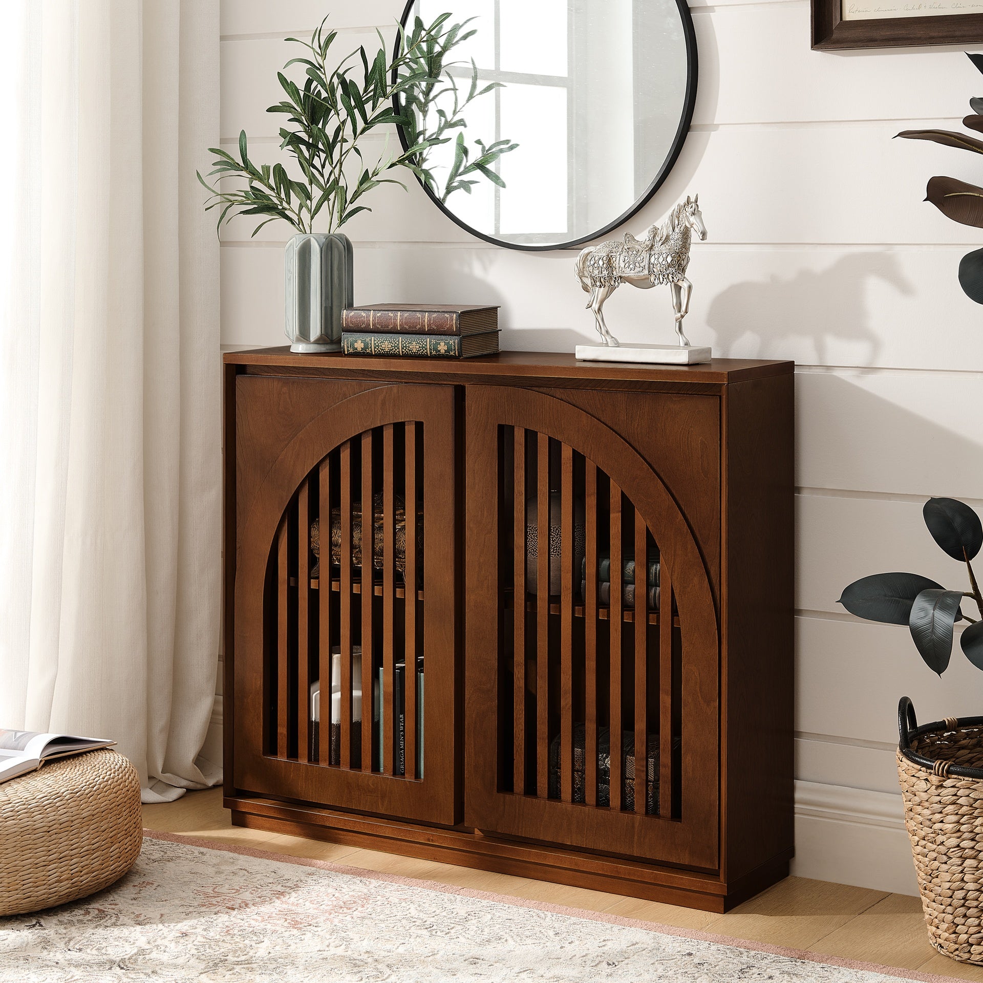 Mid Century Modern Fluted Sideboard Cabinet with 2 Outlet Holes, Buffet Cabinet with Storage, Narrow Side Cabinet for Living Room Entryway Hallway Kitchen Coffee Bar, Walnut
