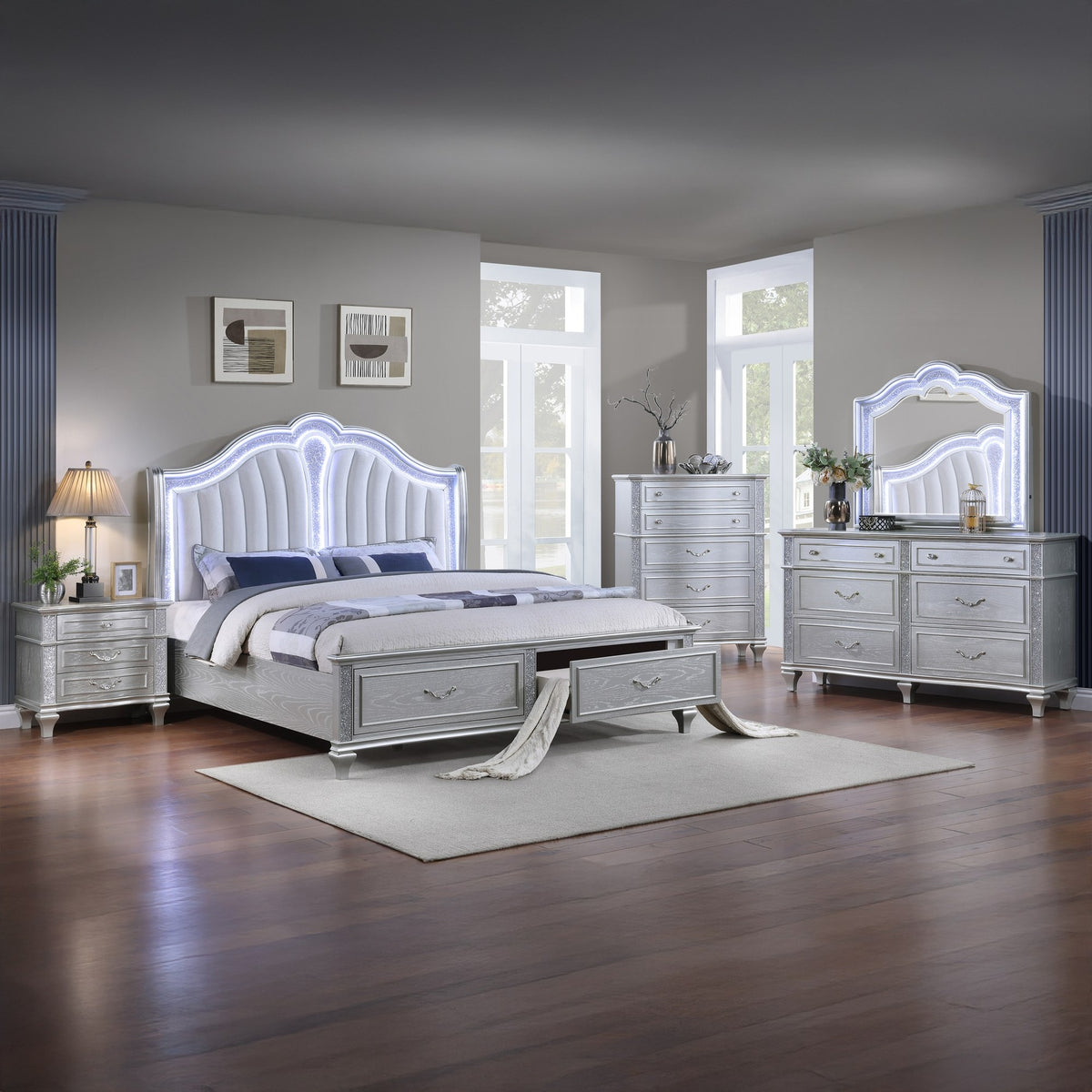 Mystic Contemporary Style Upholstered LED headboard Queen 5PC Bedroom Set made with Wood in Silver