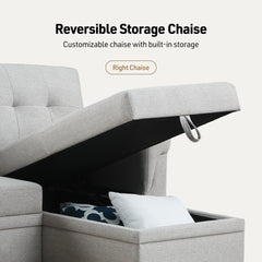 Lucca 84" Light Gray Linen Reversible Sleeper Sectional Sofa with Storage Chaise