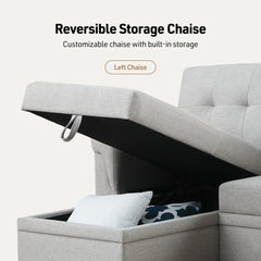 Lucca 84" Light Gray Linen Reversible Sleeper Sectional Sofa with Storage Chaise