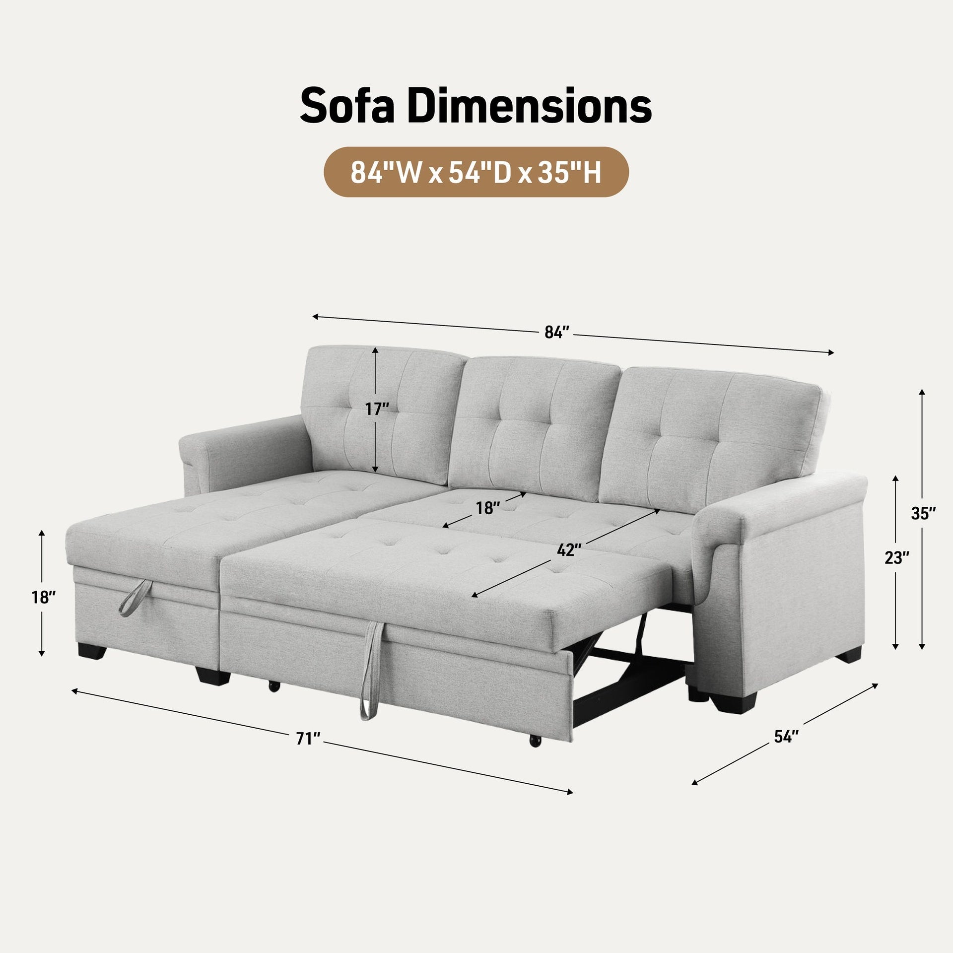 Lucca 84" Light Gray Linen Reversible Sleeper Sectional Sofa with Storage Chaise