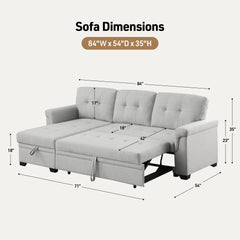 Lucca 84" Light Gray Linen Reversible Sleeper Sectional Sofa with Storage Chaise