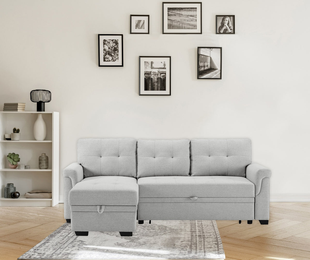 Sierra 84" Light Gray Linen Reversible Sleeper Sectional Sofa with Storage Chaise