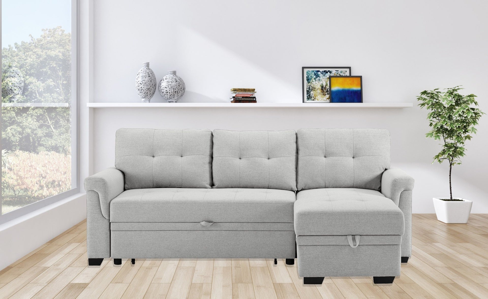 Destiny 84" Light Gray Linen Reversible Sleeper Sectional Sofa with Storage Chaise