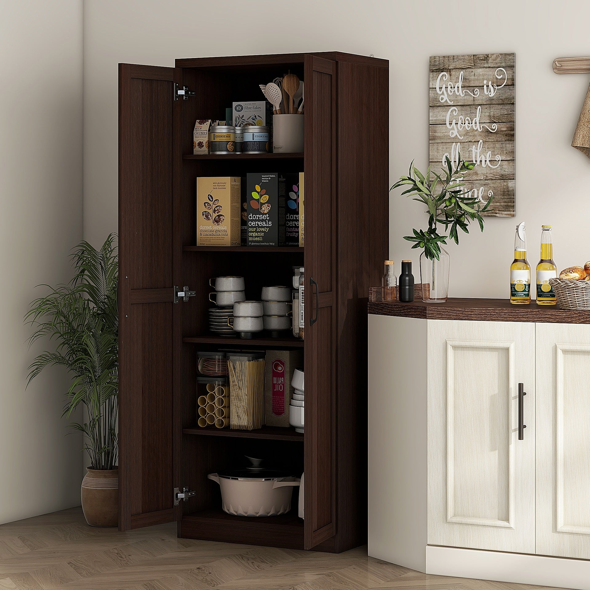 HOMCOM 63" 2-Door Kitchen Pantry, Freestanding Cabinet with 2 Adjustable Shelves for Dining Room, Cinnamon Cherry Wood Grain